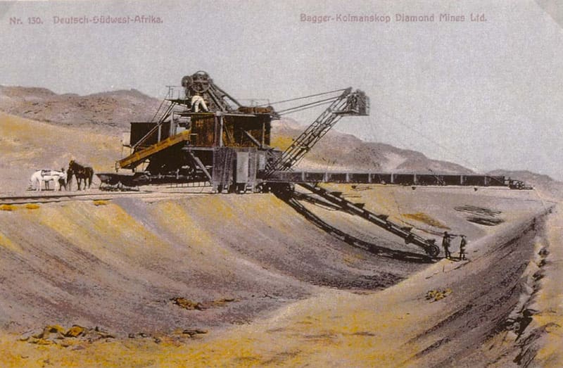 Elektrischer Bagger mit Trommelsieb auf den Diamantenfeldern, kolorierte Postkarte